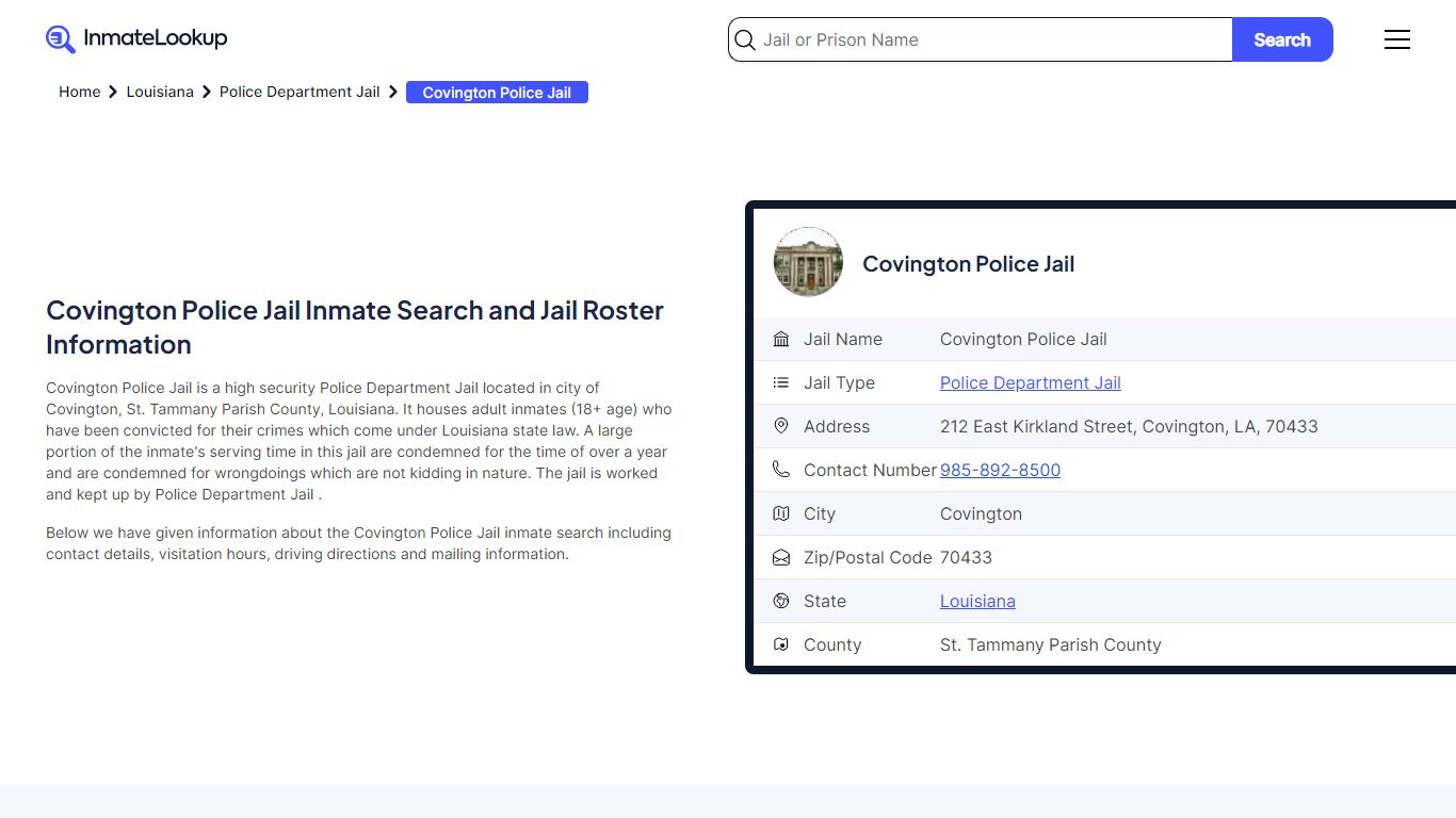 Covington Police Jail (LA) Inmate Search Louisiana - Inmate Lookup